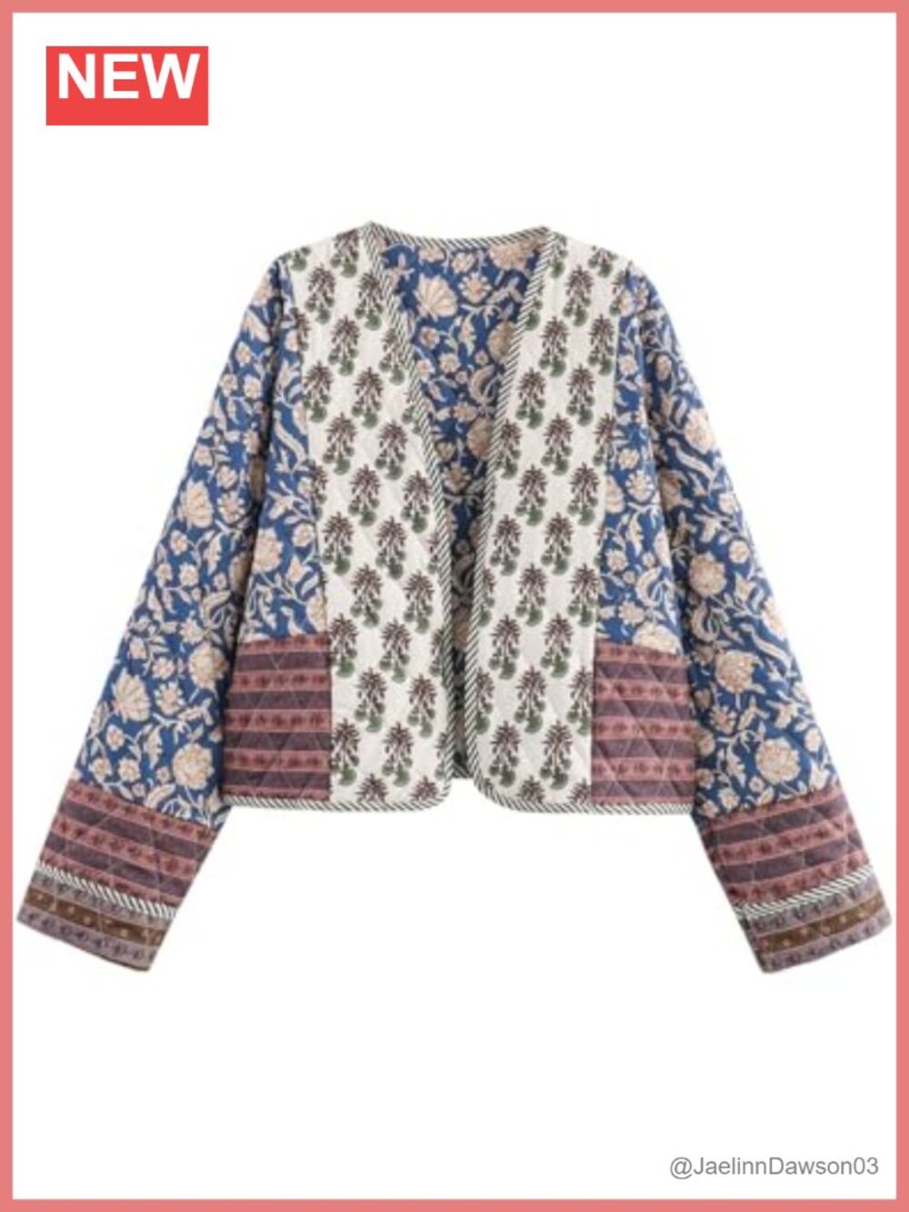 Floral Cropped Quilted Lightweight Jacket Open Front Puffer